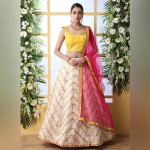 Yellow, Pink and Cream Colored Lengha 3 piece set